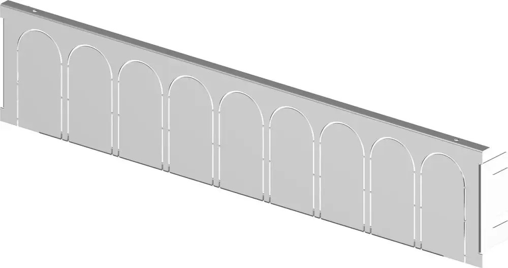 Glatte, rechteckige Abschlussblende mit Bogenmotiven, hergestellt von Uponor. Das Produkt hat eine durchgehende Gestaltung ohne sichtbare Befestigungen.